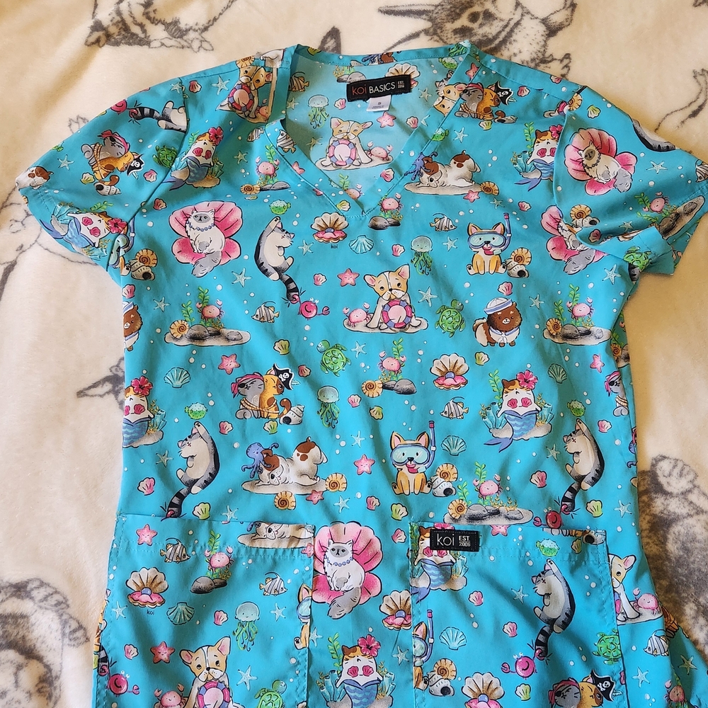 koi Basics Turquoise Mermaid Cat Print Scrub Top